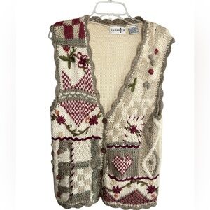 VTG By Design Large Cardigan Sweater Vest Floral Ivory Cottagecore Ramie Blend